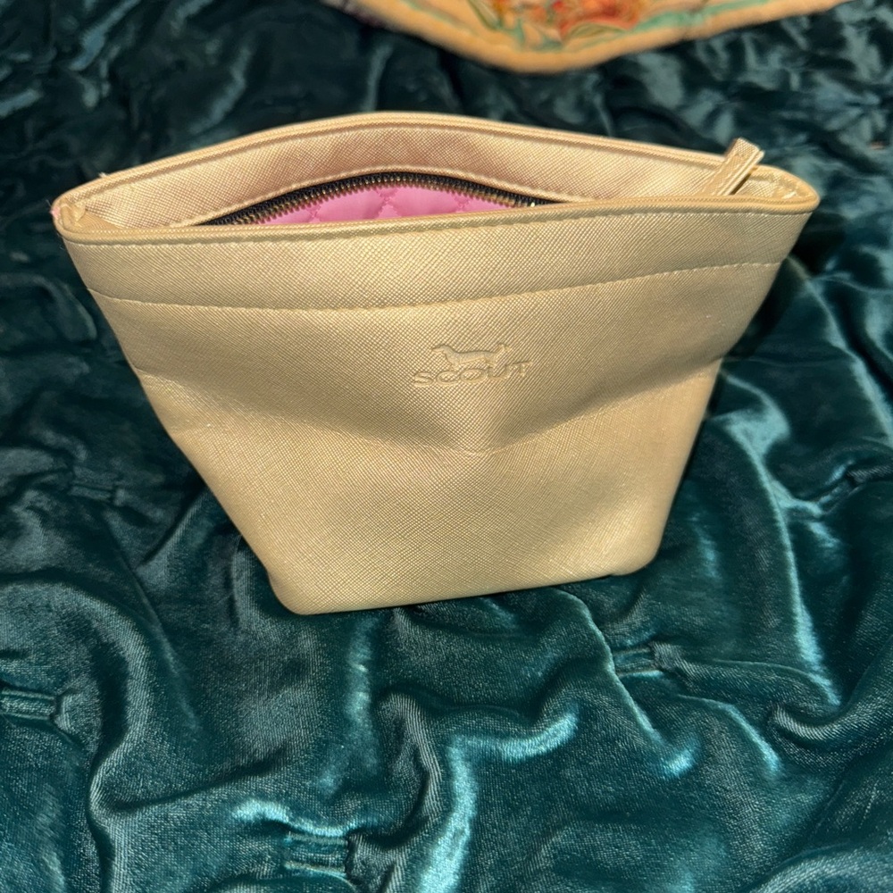 Scout Gold Textured Pouch / Cosmetic Bag / Accessory Bag Pink Quilted Interior